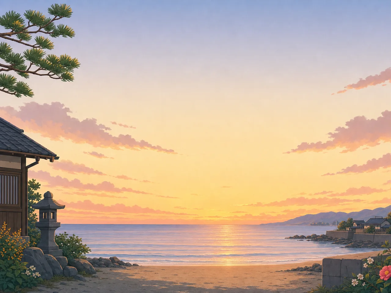 海岸に広がる夕焼けの背景（フレームイラスト）。夕焼け、海岸、海、自然背景に使える素材です。
