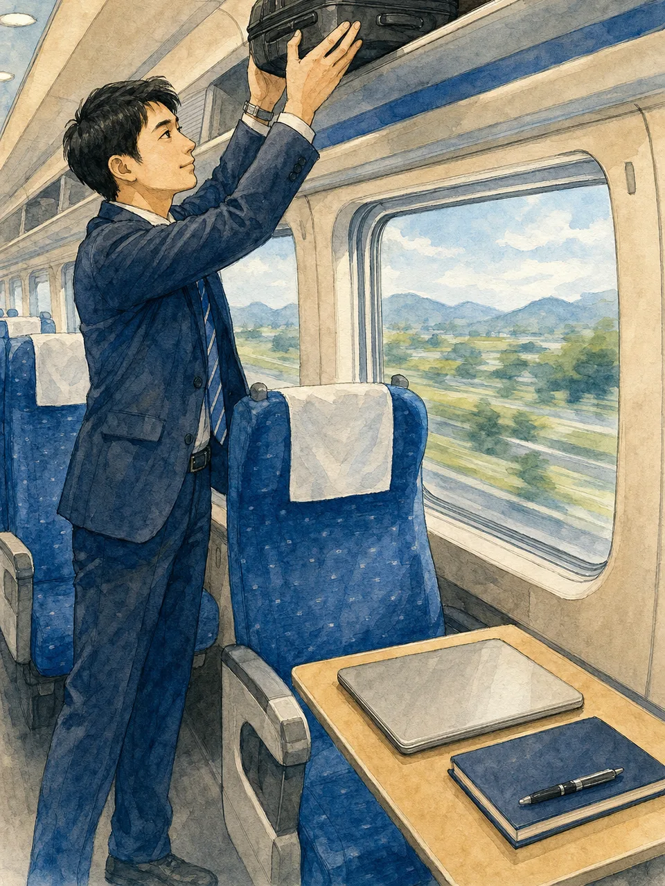 新幹線で出張する日本人会社員（手描き水彩）。新幹線、出張、鉄道、ビジネス旅行に使える移動中の素材です。