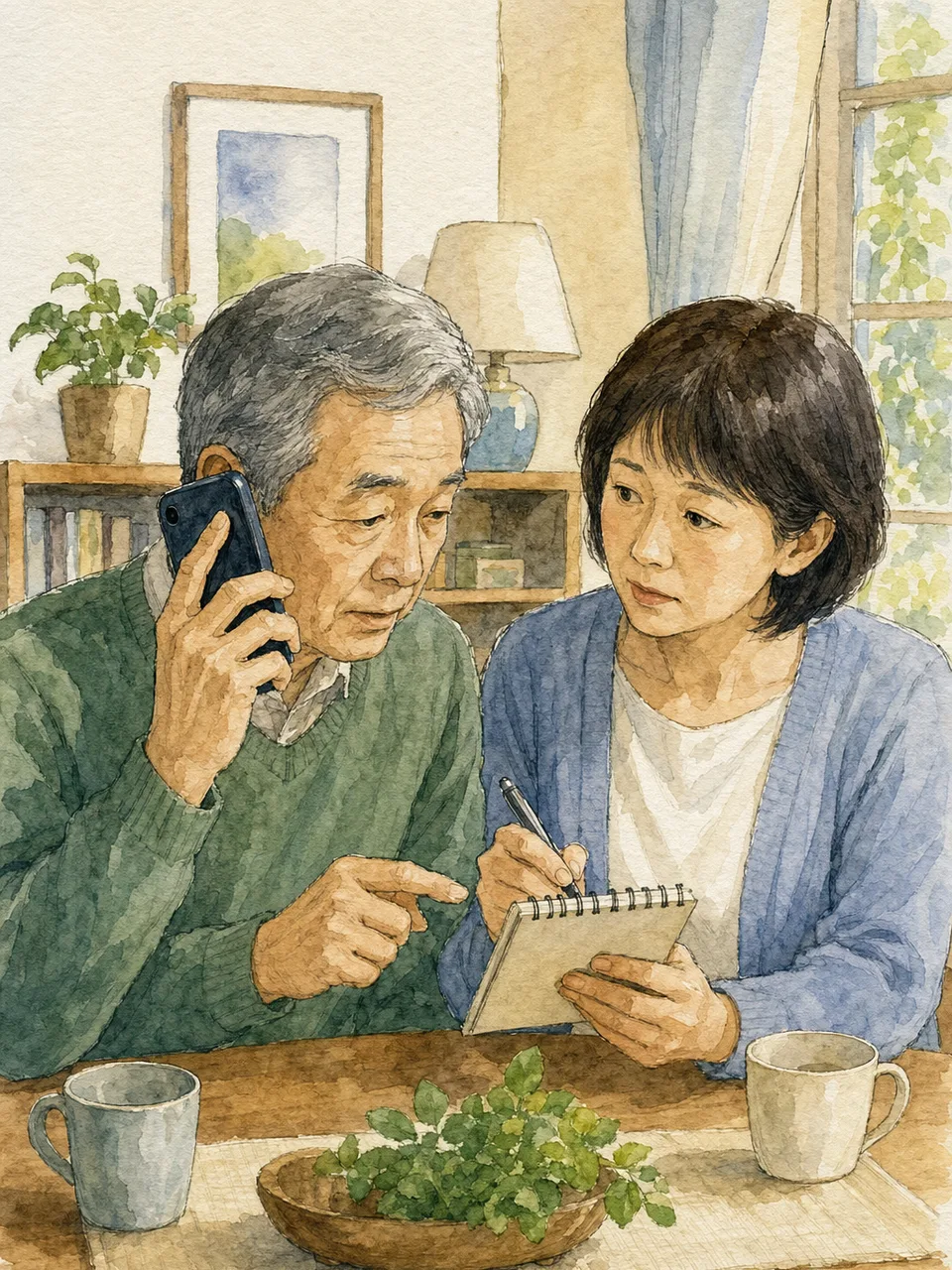 電話詐欺を家族に相談する日本人シニア（手描き水彩）。詐欺対策、防犯、家族見守り、消費者啓発に使える素材です。