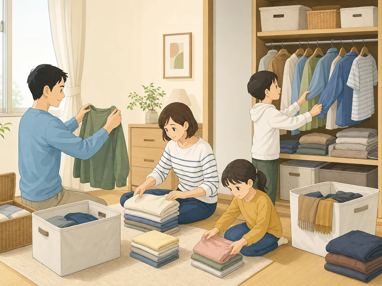 衣替えをする日本人（フラットイラスト）。衣替え、季節の家事、収納、暮らしの記事向け素材です。