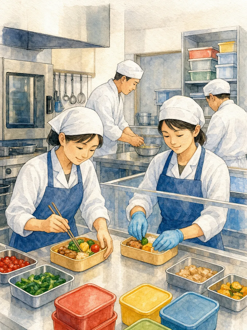 アレルギーに配慮した昼食を準備する日本人（手描き水彩）。アレルギー対応食、給食、食物アレルギー、調理の記事や案内に使える商用素材です。