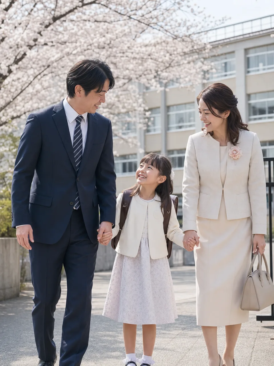 小学校の入学式を迎える親子（自然な縦位置写真）。春、学校、子育て、自治体の案内に使える、日本の入学式の親子素材です。