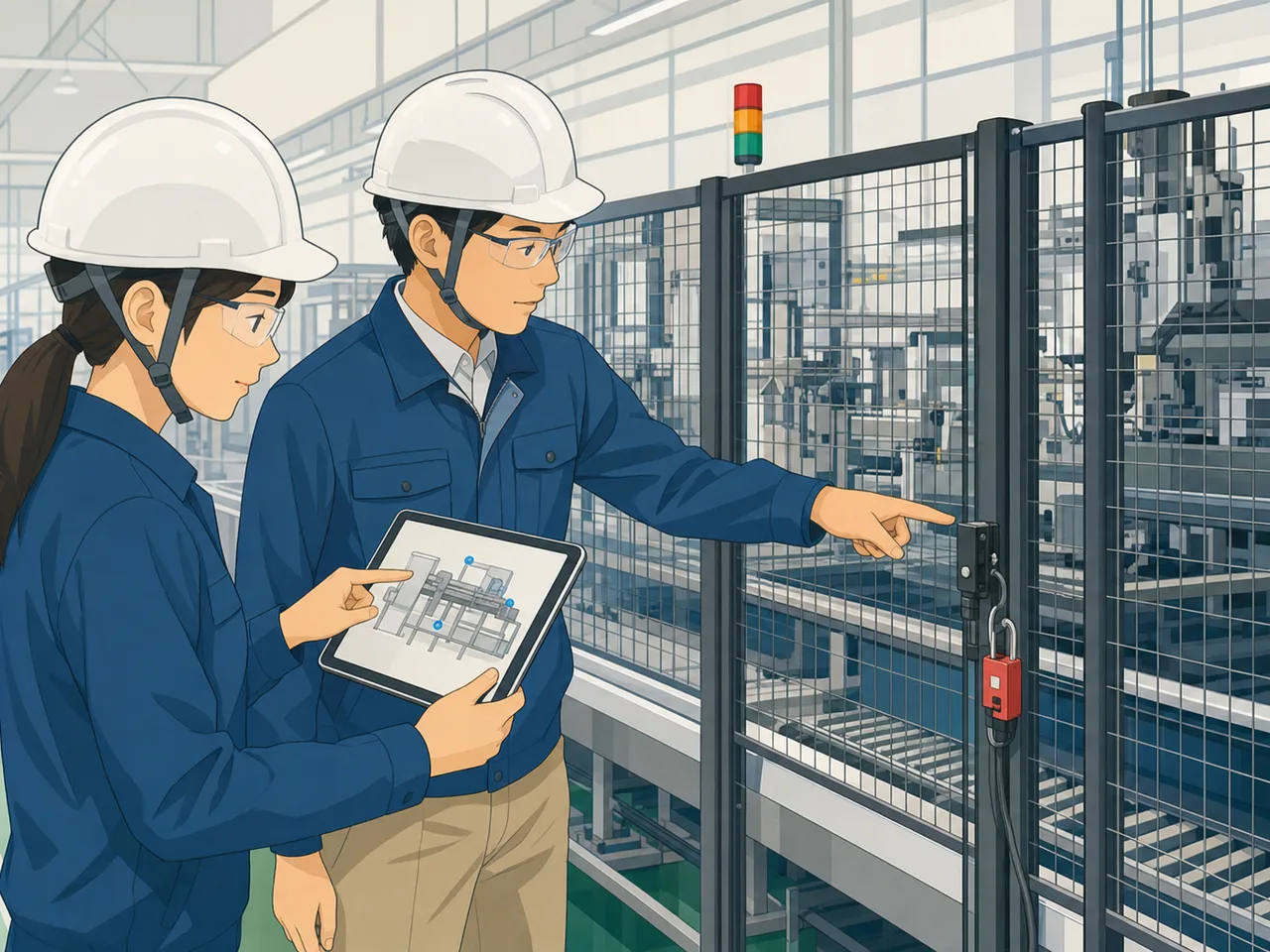工場IoTを活用する日本人技術者（フラットイラスト）。工場IoT、スマートファクトリー、センサー、製造業向け素材です。