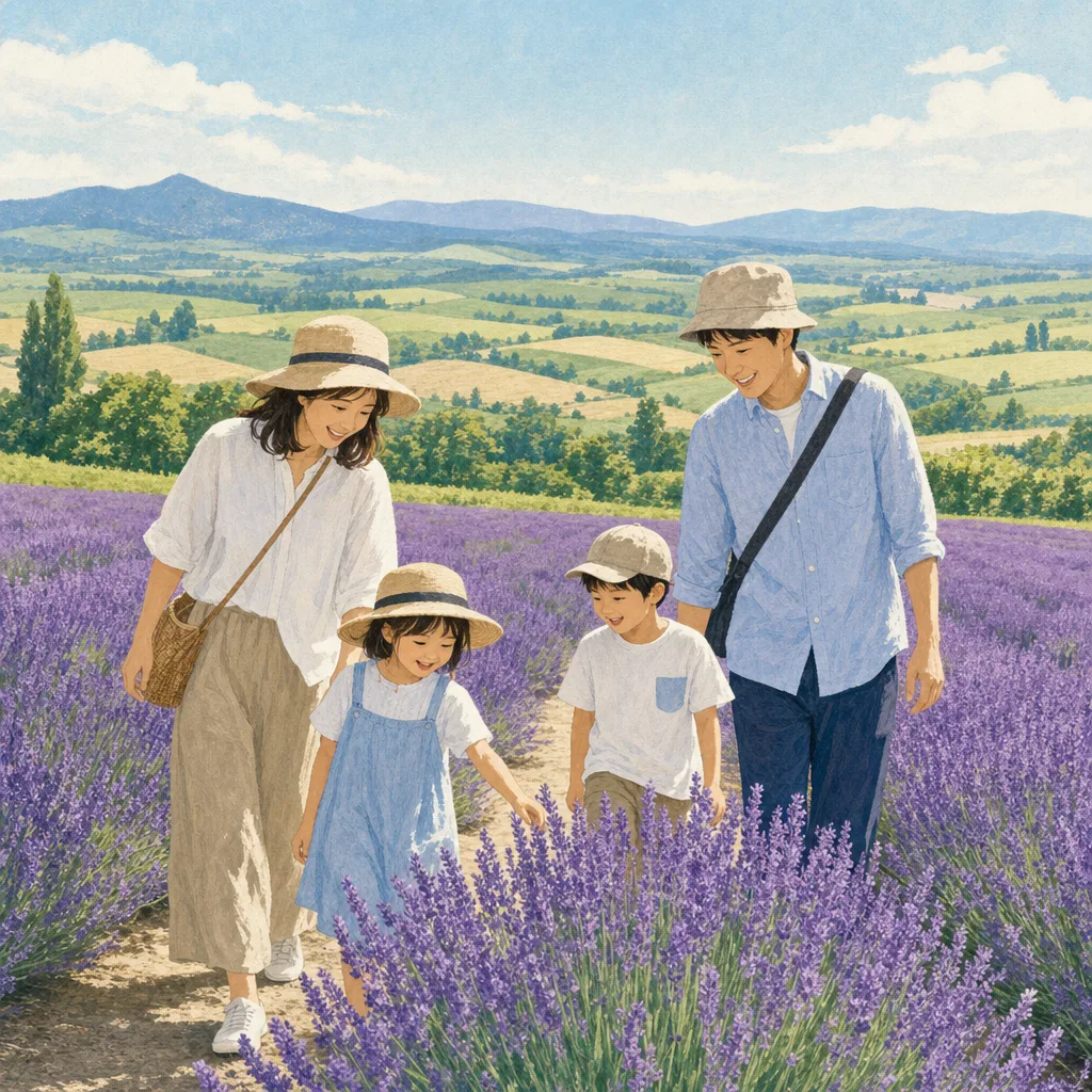 北海道の花畑を旅する日本人家族（編集記事向け）。北海道、夏の国内旅行、家族観光、地域キャンペーン向け素材です。