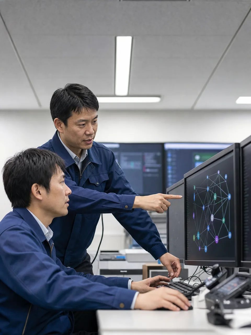 クラウドインフラを運用する日本人技術者（自然な縦位置写真）。クラウドインフラ、システム運用、IT、技術者の記事向け素材です。