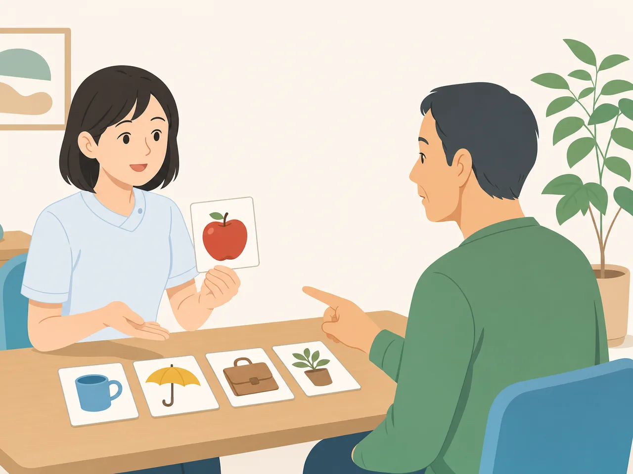 会話を支援する日本人言語聴覚士（フラットイラスト）。言語聴覚士、コミュニケーション支援、リハビリの記事向け素材です。