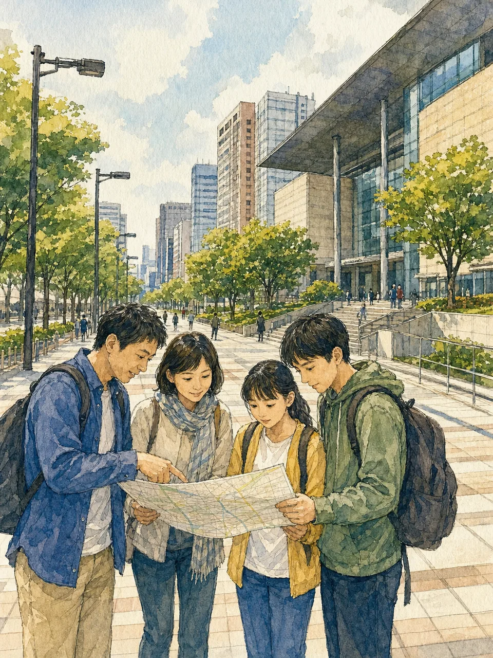 名古屋の街を巡る日本人旅行者（手描き水彩）。名古屋、都市観光、街歩き、中部旅行の記事向け素材です。