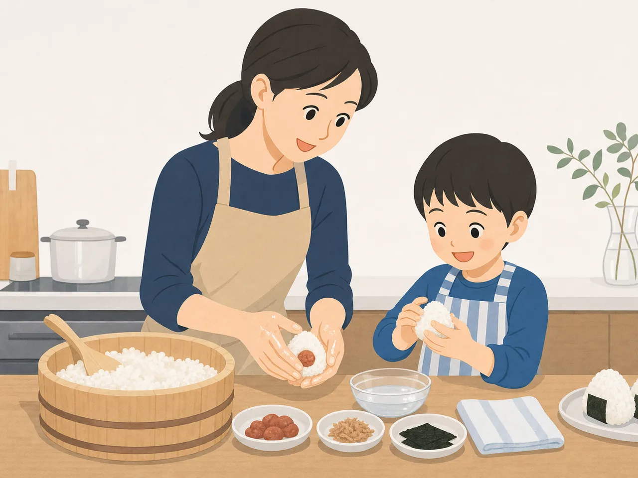 おにぎりを作る日本人親子（フラットイラスト）。おにぎり、家庭料理、お弁当、親子の記事向け素材です。