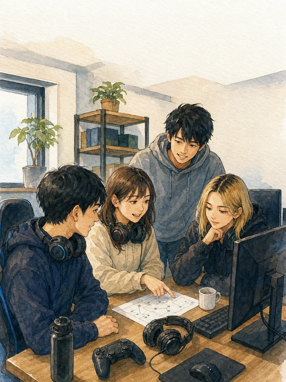 eスポーツを練習する日本人チーム（手描き水彩）。eスポーツ、ゲーム、チームワーク、デジタル人材の記事向け素材です。