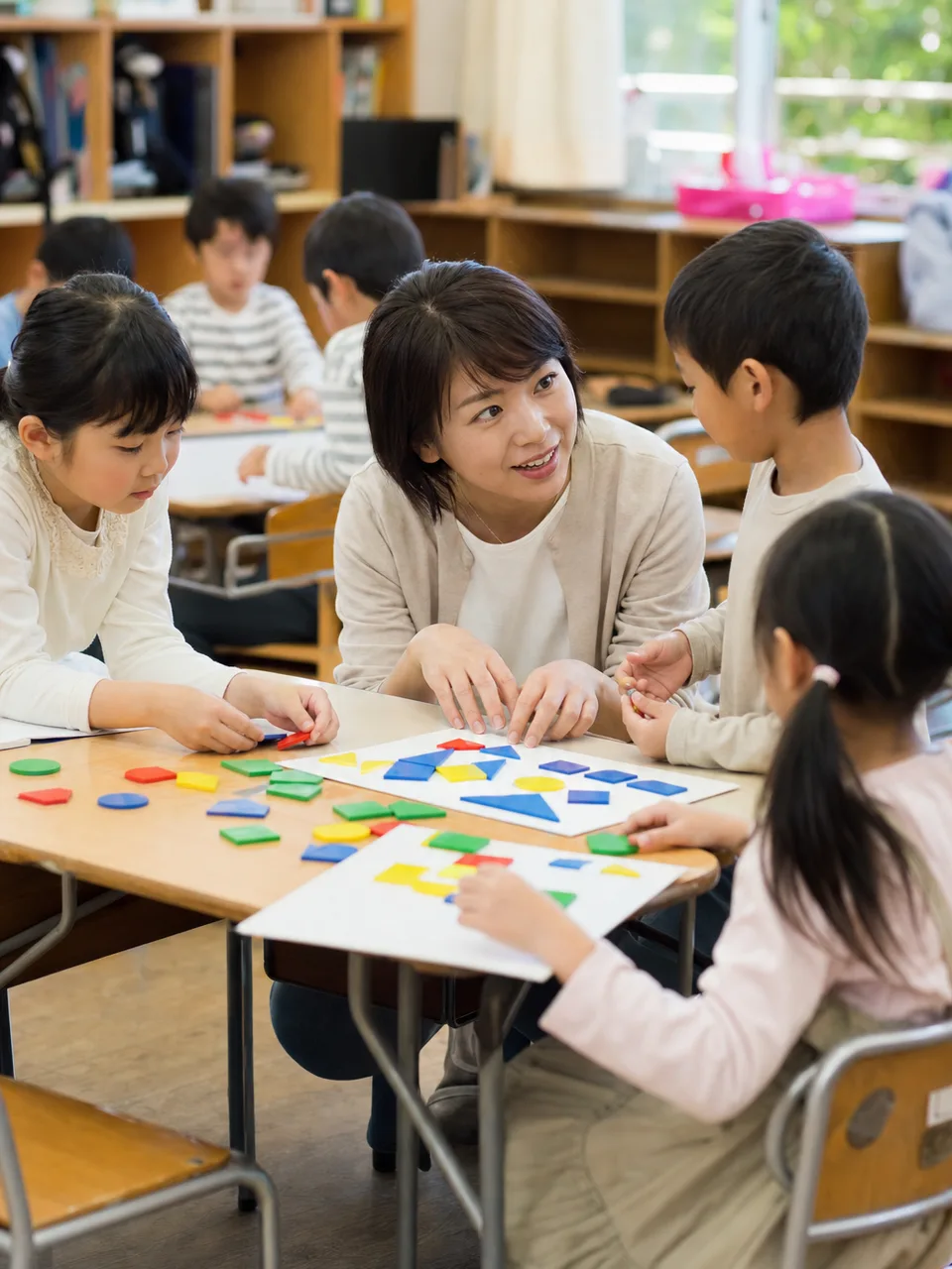 授業を支える日本人小学校教師（自然な縦位置写真）。小学校教師、授業、学校教育、児童の学びの記事向け素材です。