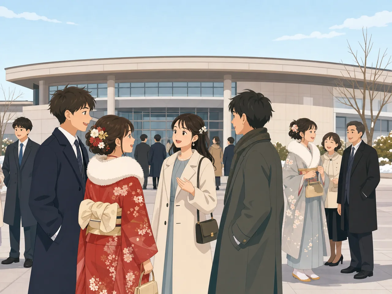 成人式を迎える日本人の若者（フラットイラスト）。成人式、二十歳、家族、冬の行事の記事向け素材です。