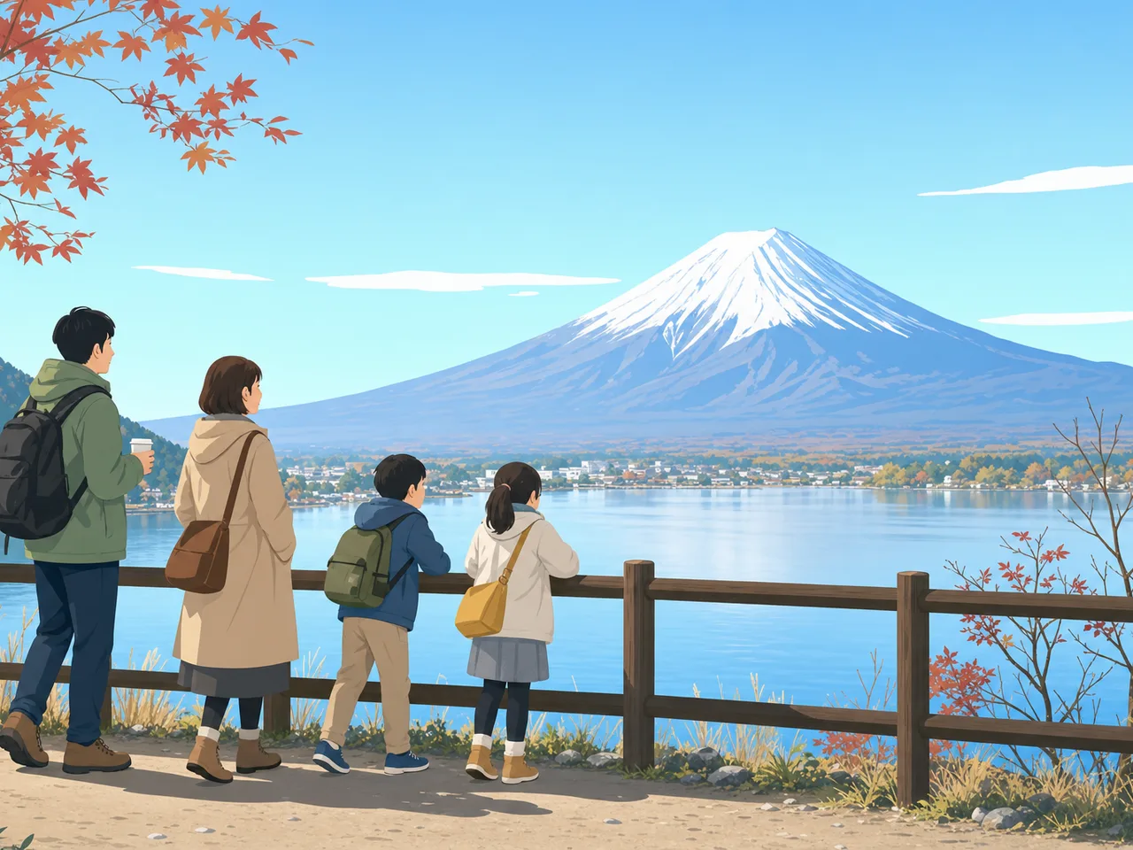 富士山を眺める日本人旅行者（フラットイラスト）。富士山、国内観光、自然旅行、地域プロモーションに使える風景素材です。