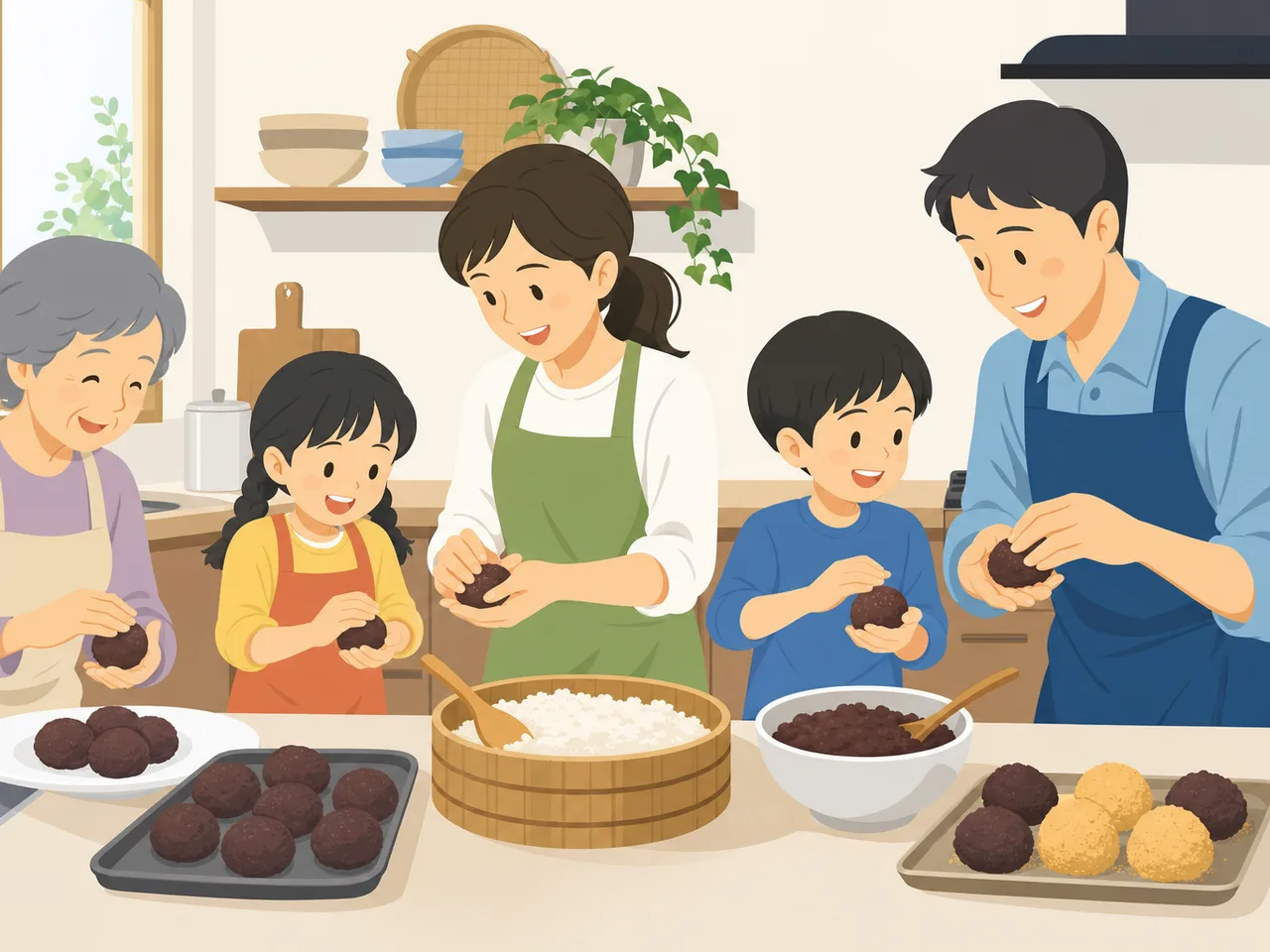 秋のお彼岸におはぎを作る日本人家族（フラットイラスト）。秋のお彼岸、おはぎ、家族料理、伝統行事の記事や案内に使える商用素材です。