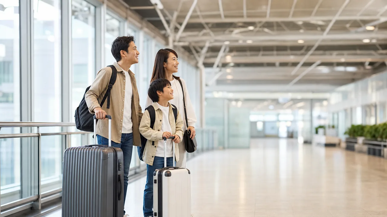 空港から旅行へ出発する日本人家族（横長・コピースペース）。空港、海外旅行、家族旅行、旅行保険の記事に使える出発場面です。