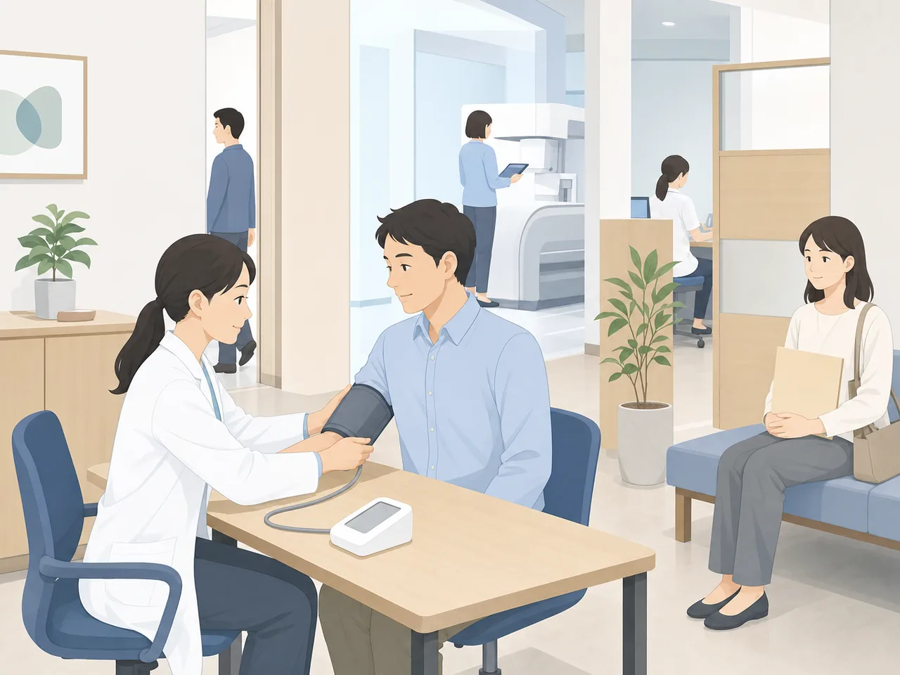 人間ドックを受ける日本人（フラットイラスト）。人間ドック、健康診断、予防医療、企業健診の記事向け素材です。