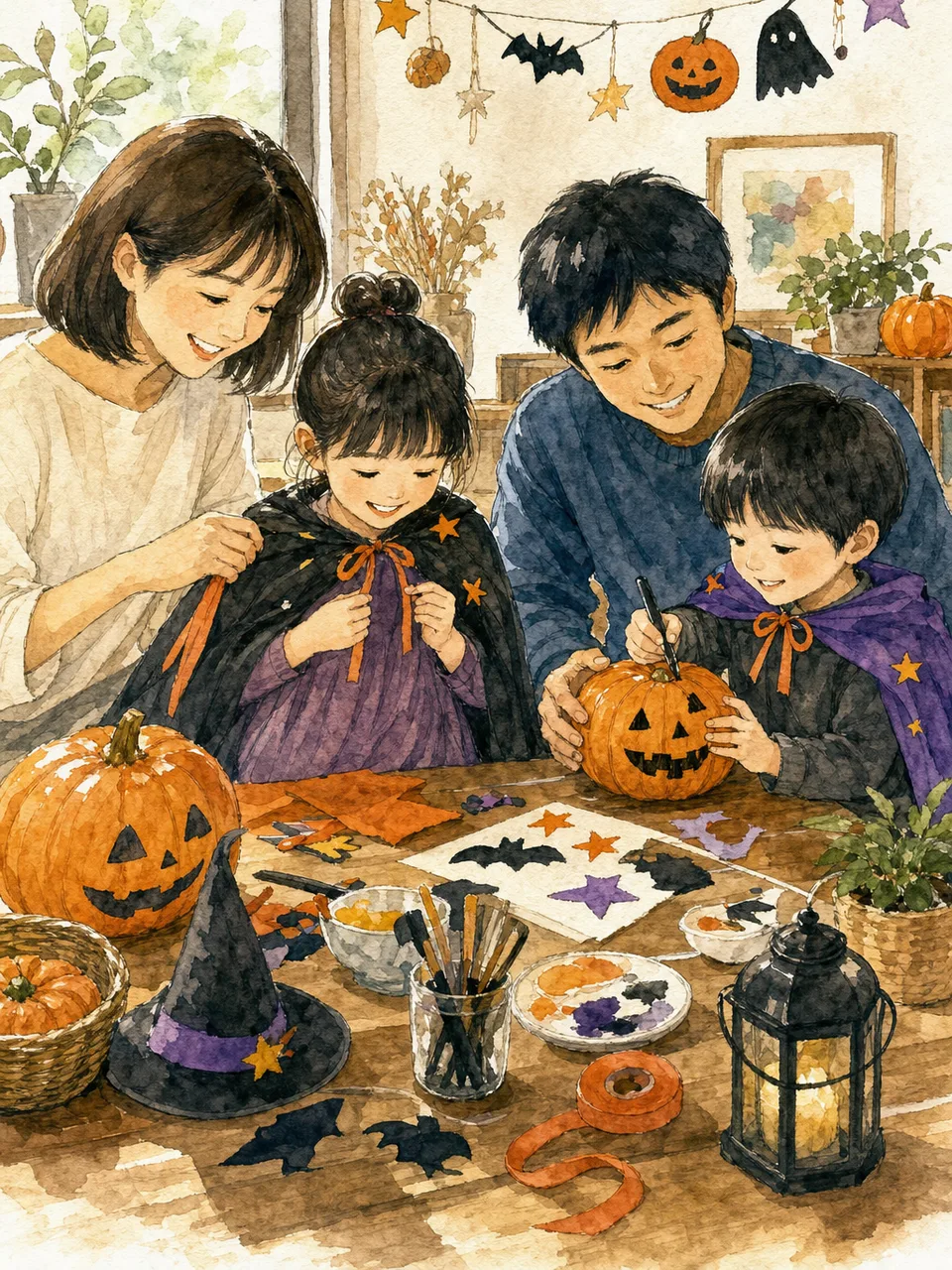 家族で楽しむハロウィン（手描き水彩）。秋のイベント、子育て、地域行事の告知に使える、明るく安全なハロウィン素材です。