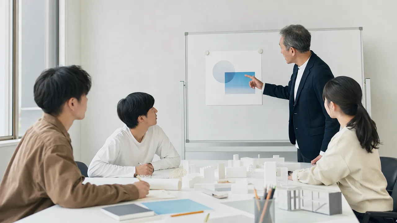 研究を議論する日本人大学生（横長・コピースペース）。大学ゼミ、研究室、大学生、研究発表の記事や案内に使える商用素材です。
