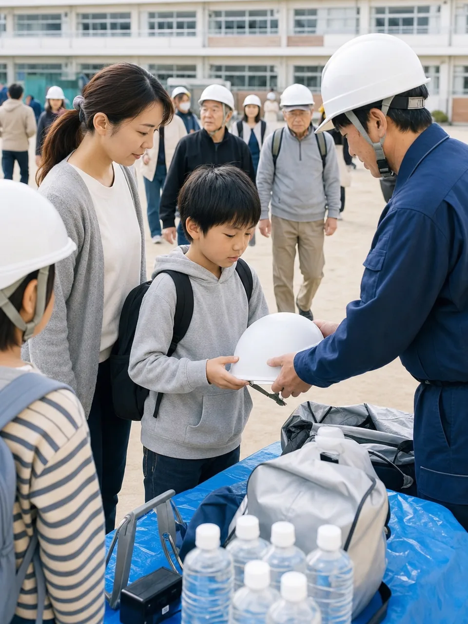 防災の日に訓練する日本人住民（自然な縦位置写真）。防災の日、防災訓練、地域、備えの記事向け素材です。