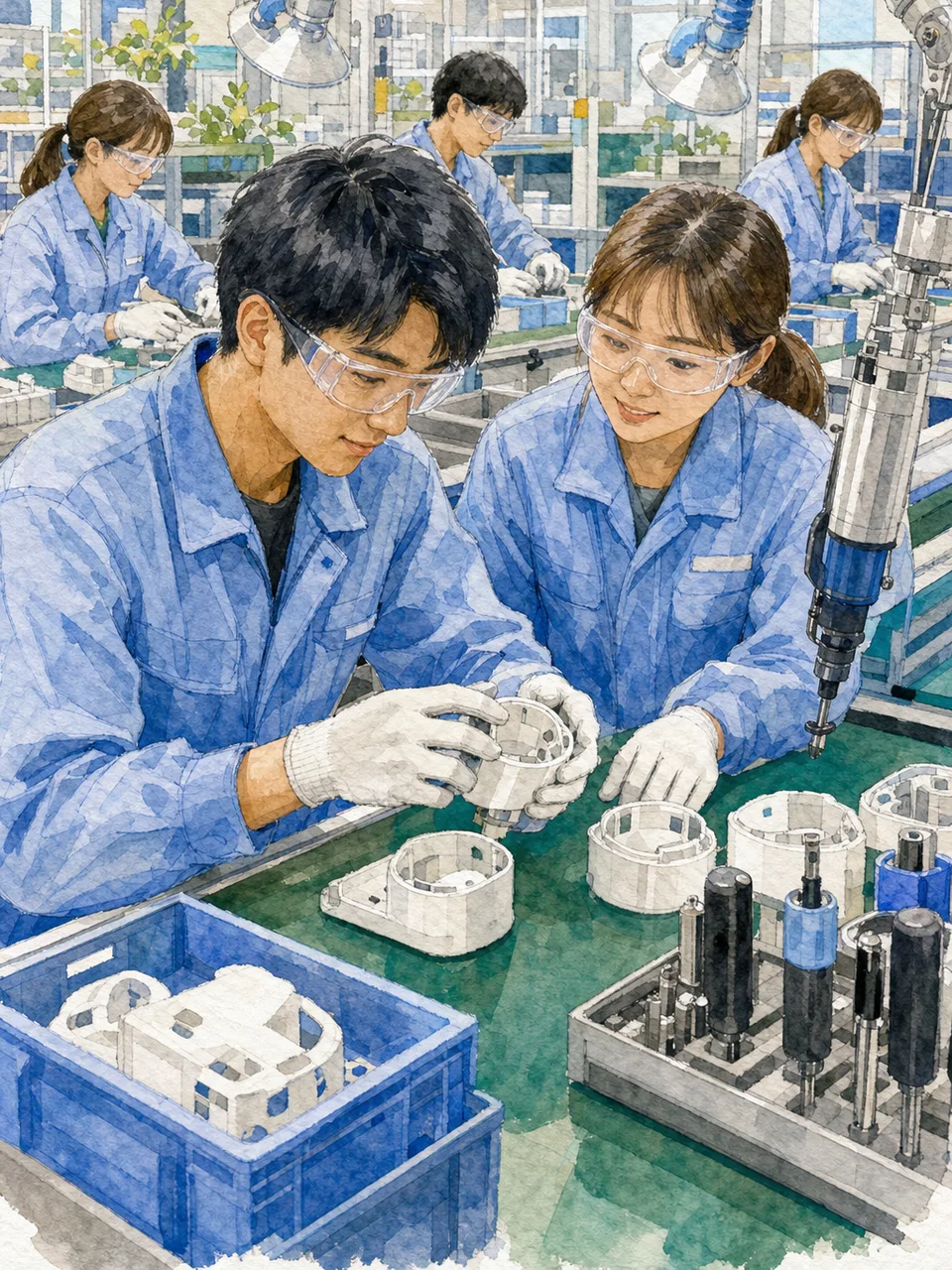 工場で組み立て作業をする日本人（手描き水彩）。工場勤務、製造業、組み立て、ものづくりの記事向け素材です。
