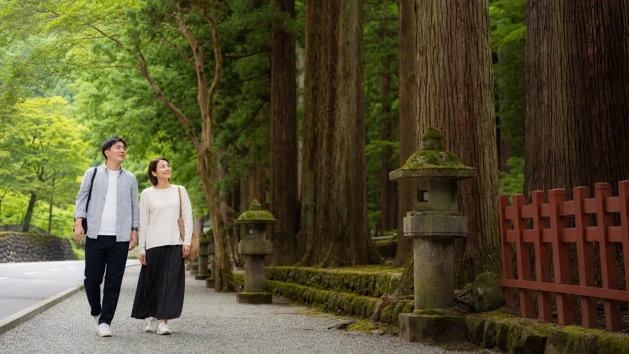 栃木の杉並木を歩く旅行者（横長・コピースペース）。栃木旅行、杉並木、日光周辺、関東旅行の記事や案内に使える商用素材です。