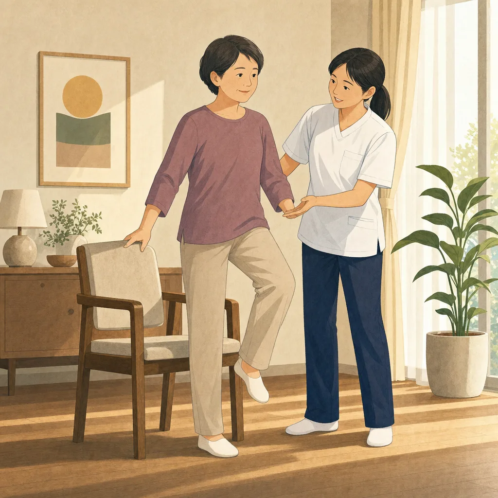 訪問リハビリに取り組む日本人（編集記事向け）。訪問リハビリ、在宅リハビリ、理学療法士、機能訓練の記事や案内に使える商用素材です。