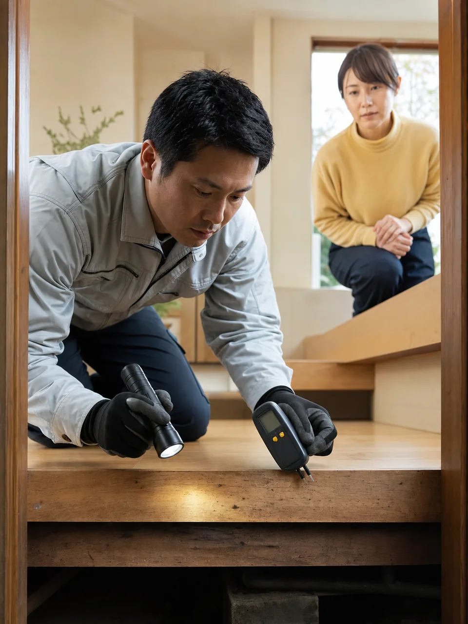 シロアリ点検をする日本人技術者（自然な縦位置写真）。シロアリ点検、害虫対策、木造住宅、床下点検の記事や案内に使える商用素材です。