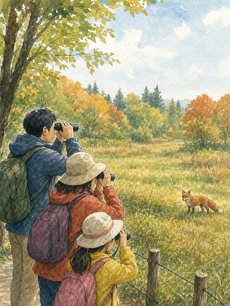 野生のキツネを遠くから観察する日本人（手描き水彩）。野生のキツネ、キタキツネ、野生動物観察、自然観察の記事や案内に使える商用素材です。