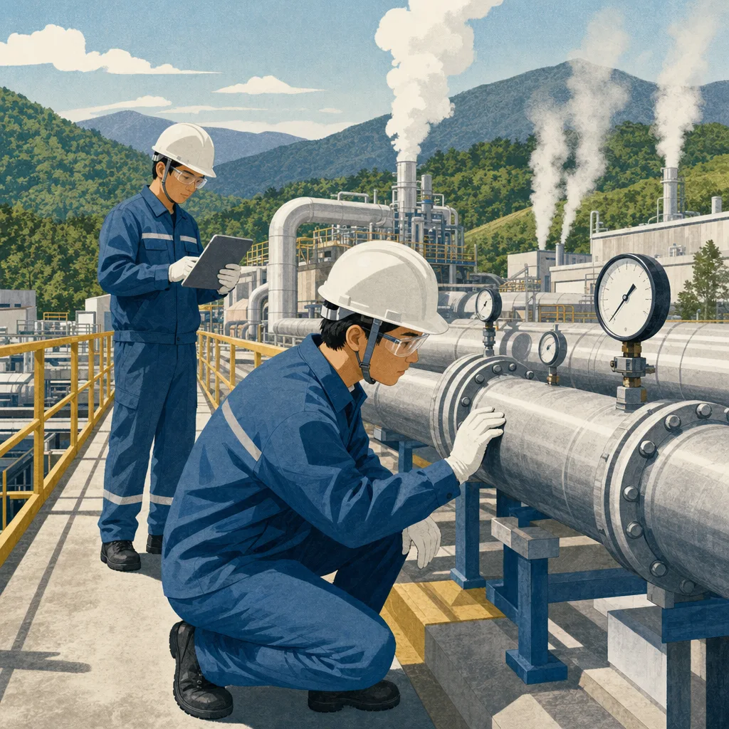 地熱発電所を監視する日本人技術者（編集記事向け）。地熱発電、再生可能エネルギー、発電所、設備点検の記事や案内に使える商用素材です。