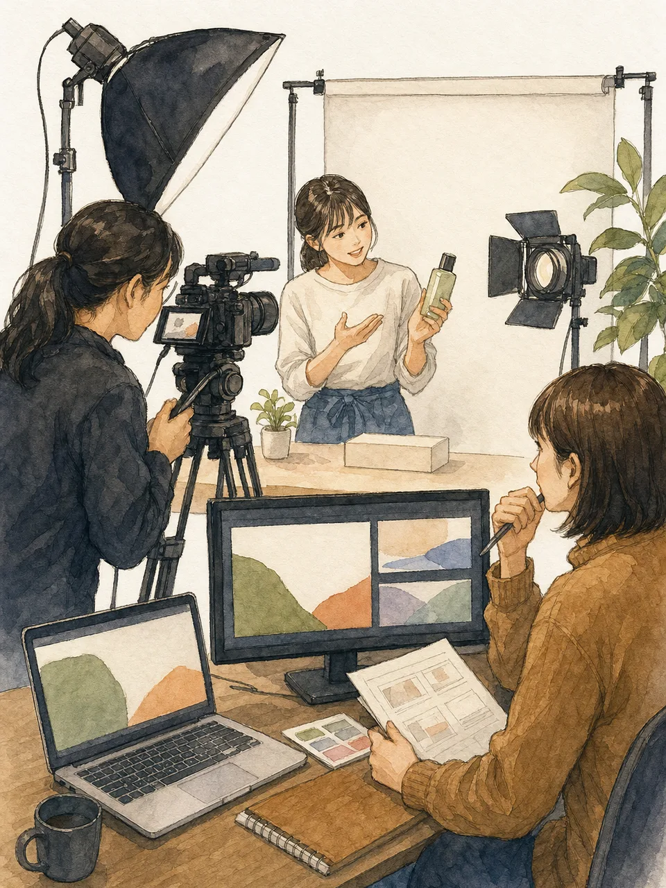 動画制作に取り組む日本人チーム（手描き水彩）。動画制作、映像クリエイター、撮影、編集の記事向け素材です。