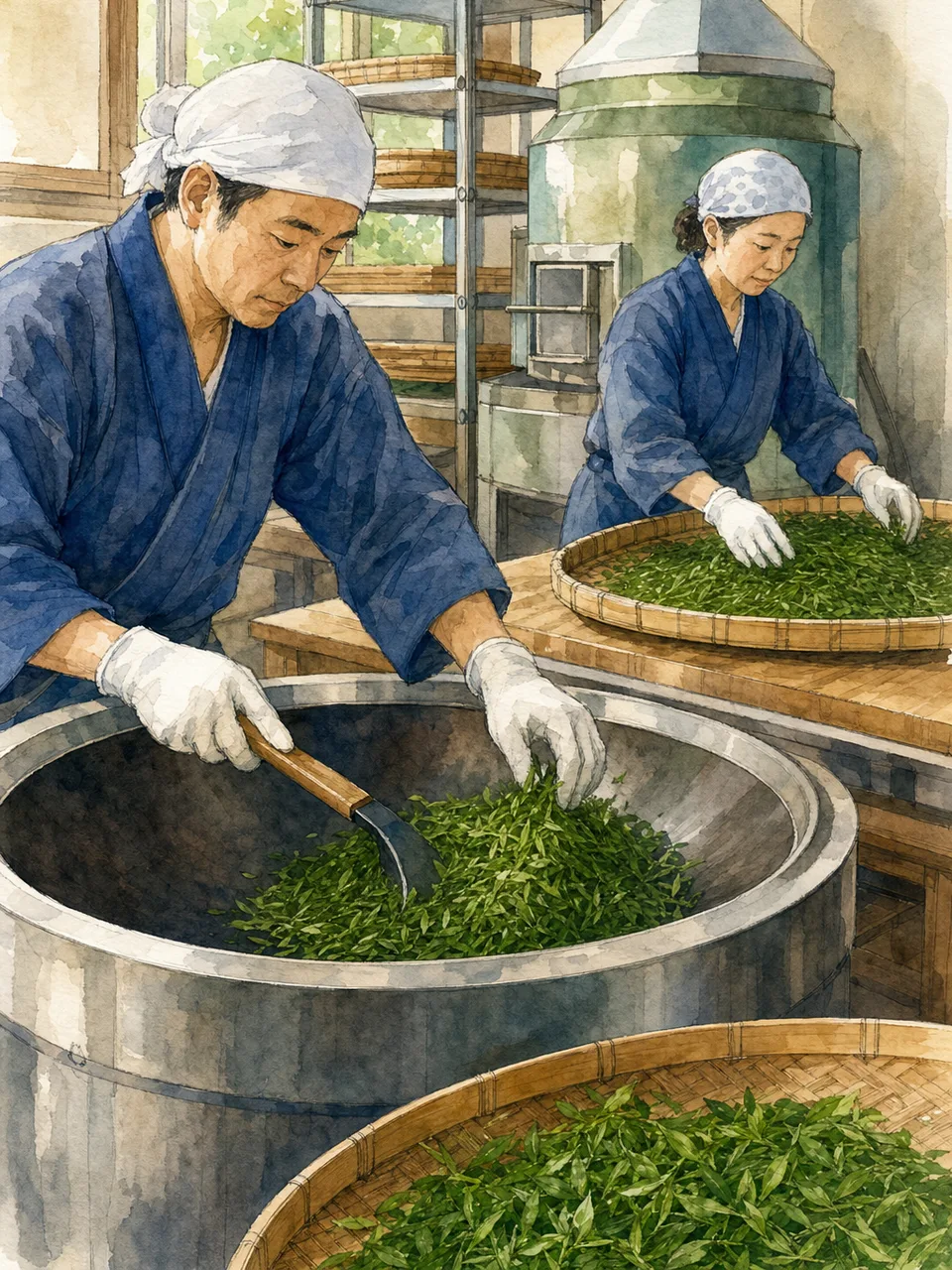 茶葉を焙煎する日本人職人（手描き水彩）。茶葉焙煎、日本茶、製茶、緑茶の記事や案内に使える商用素材です。