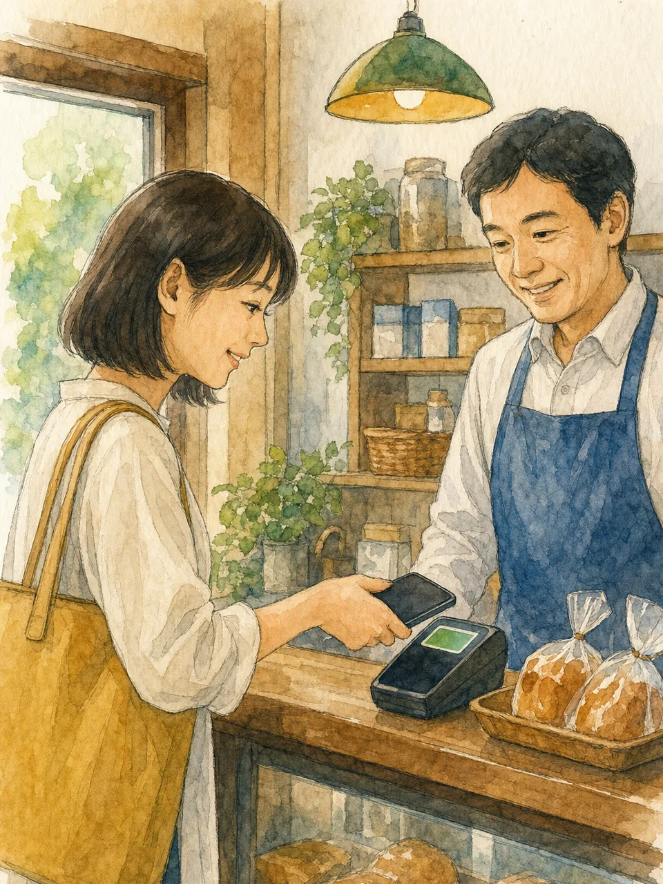 電子決済を利用する日本人の買い物客（手描き水彩）。電子決済、キャッシュレス、買い物、小売の記事向け素材です。