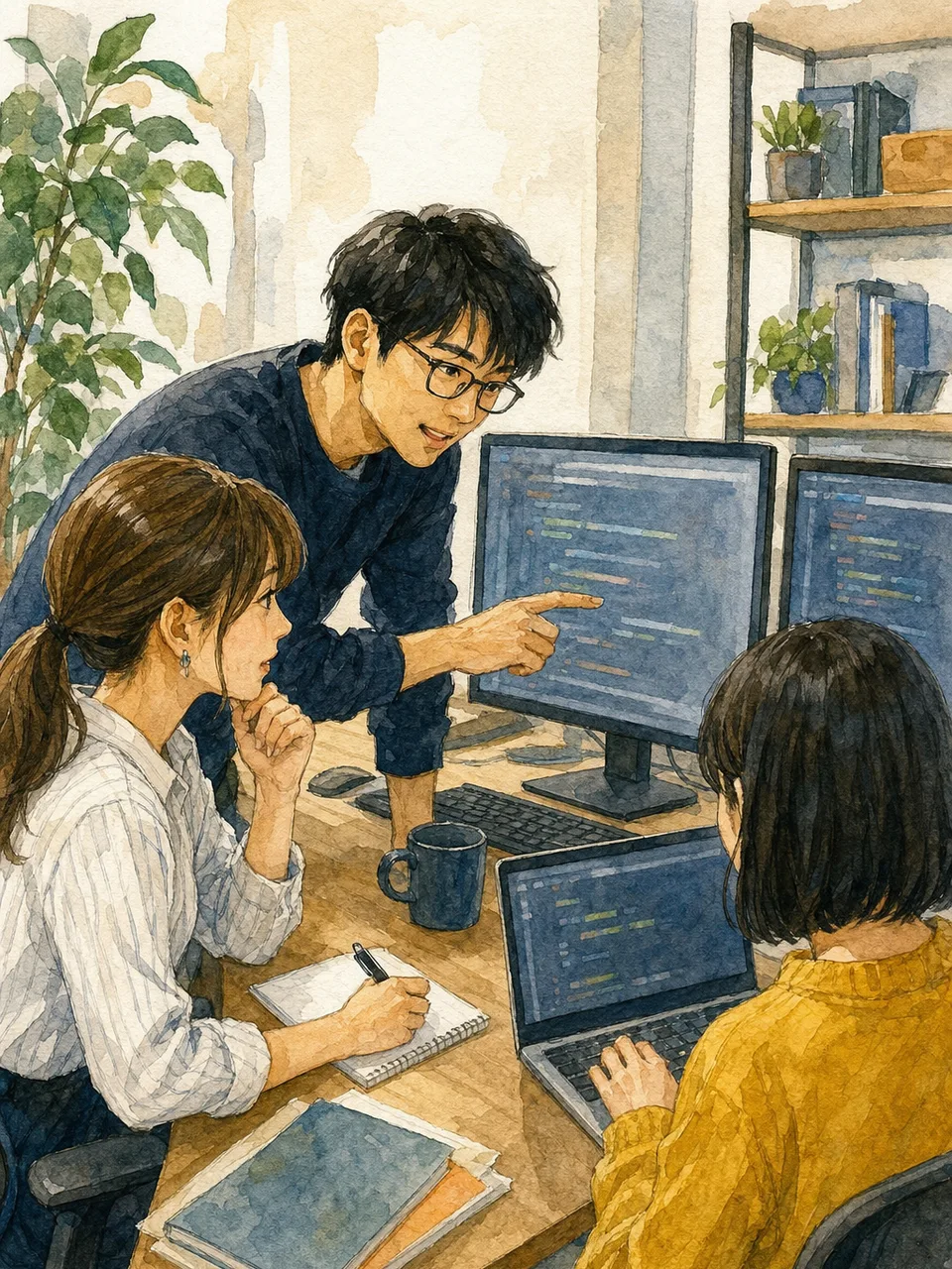 開発に取り組む日本人プログラマー（手描き水彩）。プログラマー、システム開発、IT人材、チーム開発の記事向け素材です。