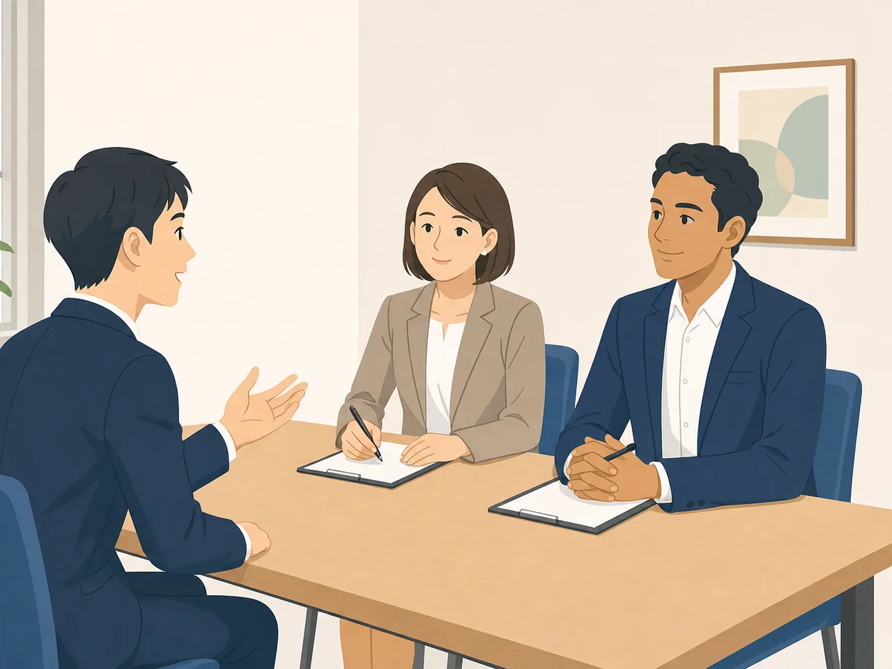 就職面接に臨む日本人求職者（フラットイラスト）。就職面接、採用、求職者、対話の記事向け素材です。