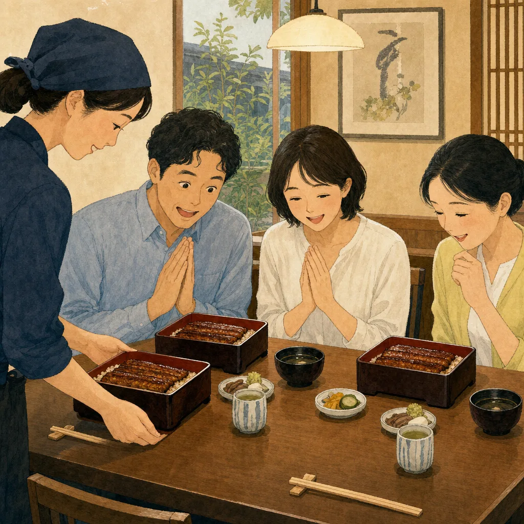 うなぎ料理を味わう日本人（編集記事向け）。うなぎ、鰻重、和食、夏の食文化の記事向け素材です。