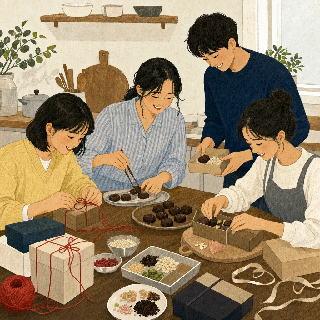 バレンタインの贈り物を作る日本人（編集記事向け）。バレンタイン、手作りお菓子、友情、冬のイベントの記事向け素材です。