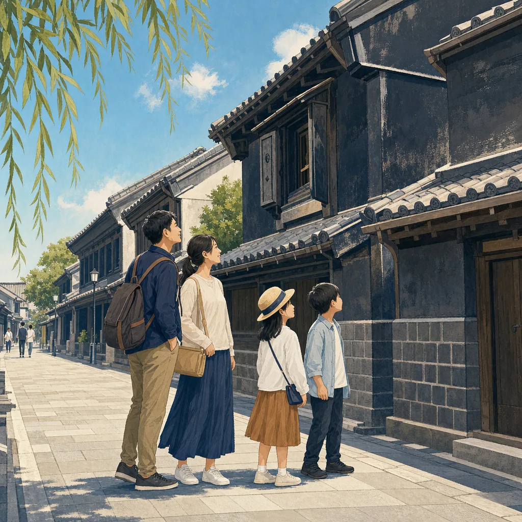 埼玉の蔵造りの町を歩く旅行者（編集記事向け）。埼玉旅行、川越、蔵造り、小江戸の記事や案内に使える商用素材です。