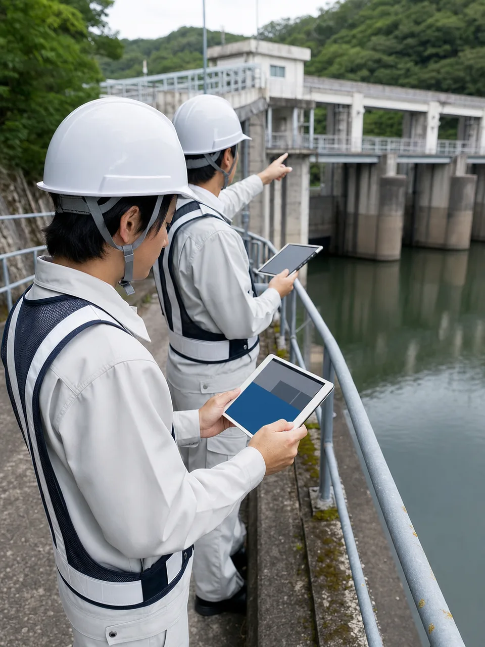 水力発電設備を点検する日本人技術者（自然な縦位置写真）。水力発電、ダム点検、再生可能エネルギー、発電設備の記事や案内に使える商用素材です。