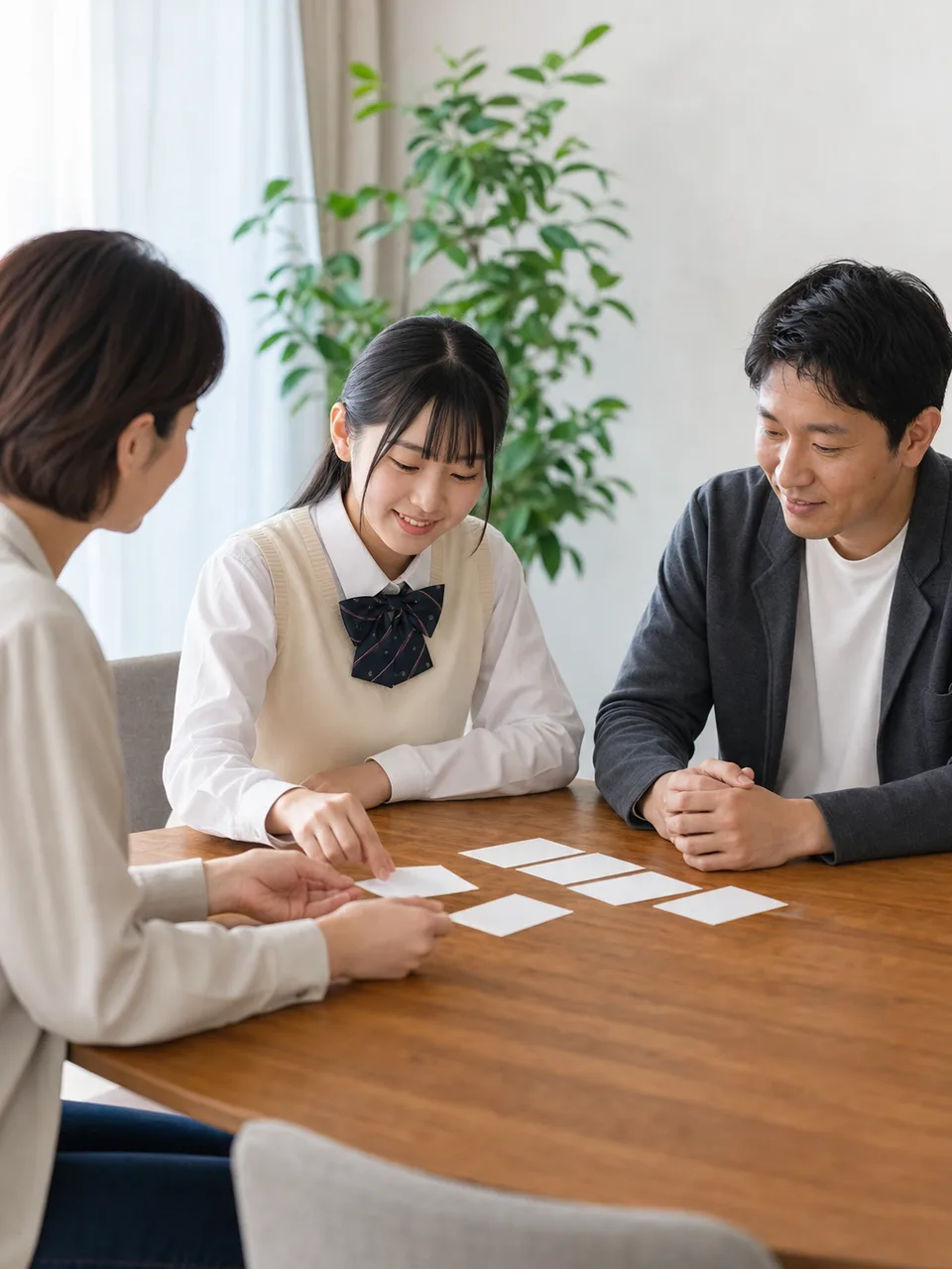 不登校について相談する日本人親子（自然な縦位置写真）。不登校、教育相談、子どもの意思、学びの選択肢の記事向け素材です。