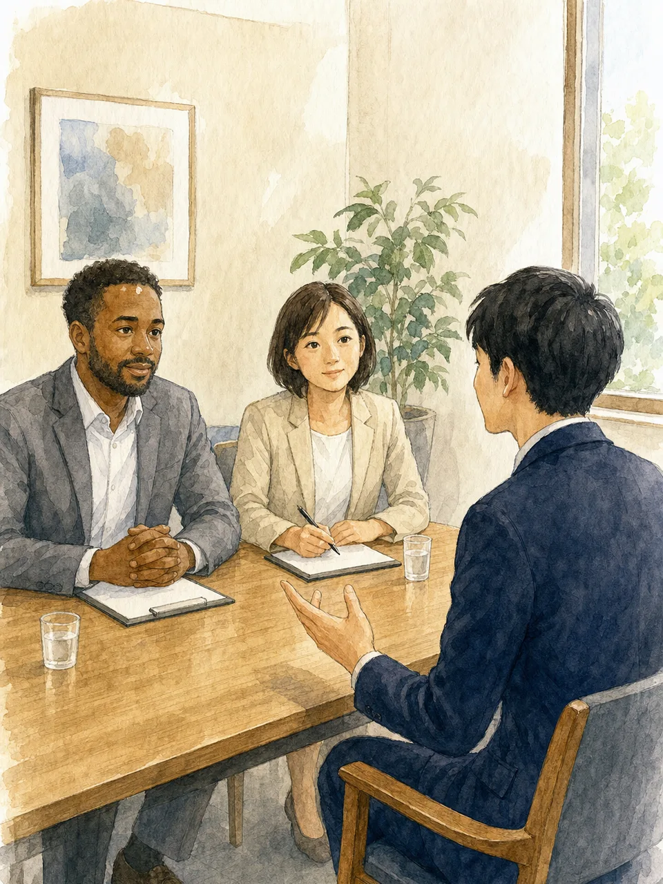 就職面接に臨む日本人求職者（手描き水彩）。就職面接、採用、求職者、対話の記事向け素材です。