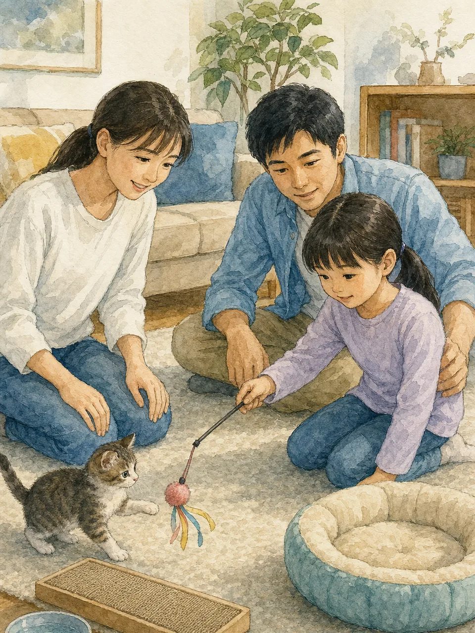 子猫を見守る日本人家族（手描き水彩）。子猫、猫との暮らし、家族、ペットケアの記事向け素材です。