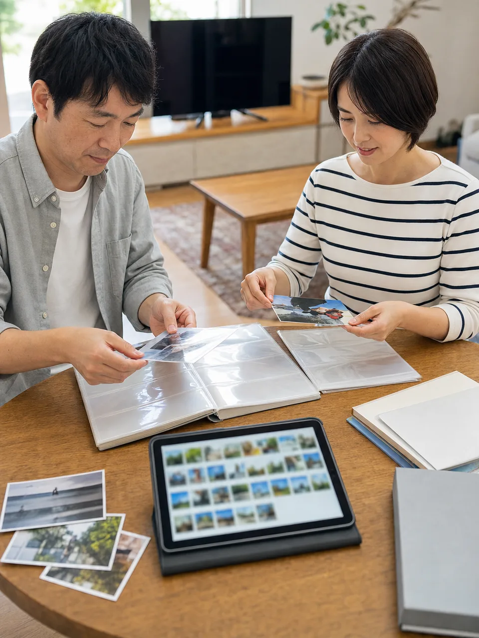 家族写真を整理する日本人（自然な縦位置写真）。写真整理、家族写真、デジタル整理、思い出の記事向け素材です。