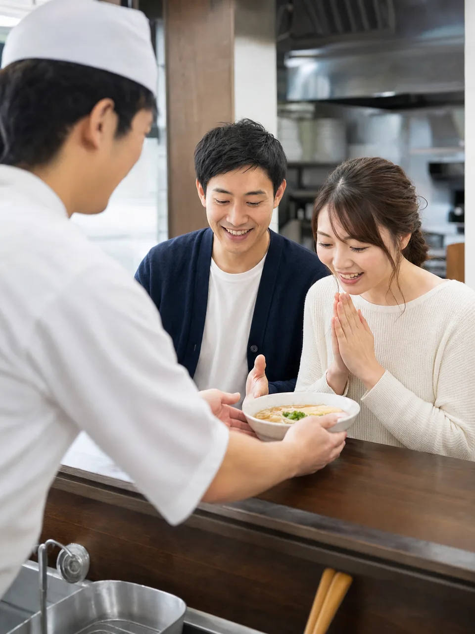 うどんを楽しむ日本人（自然な縦位置写真）。うどん、麺料理、和食、飲食店の記事に使える素材です。