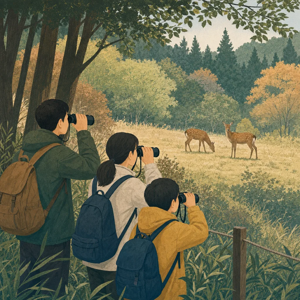 野生のシカを観察する日本人（編集記事向け）。野生のシカ、ニホンジカ、野生動物観察、自然観察の記事や案内に使える商用素材です。