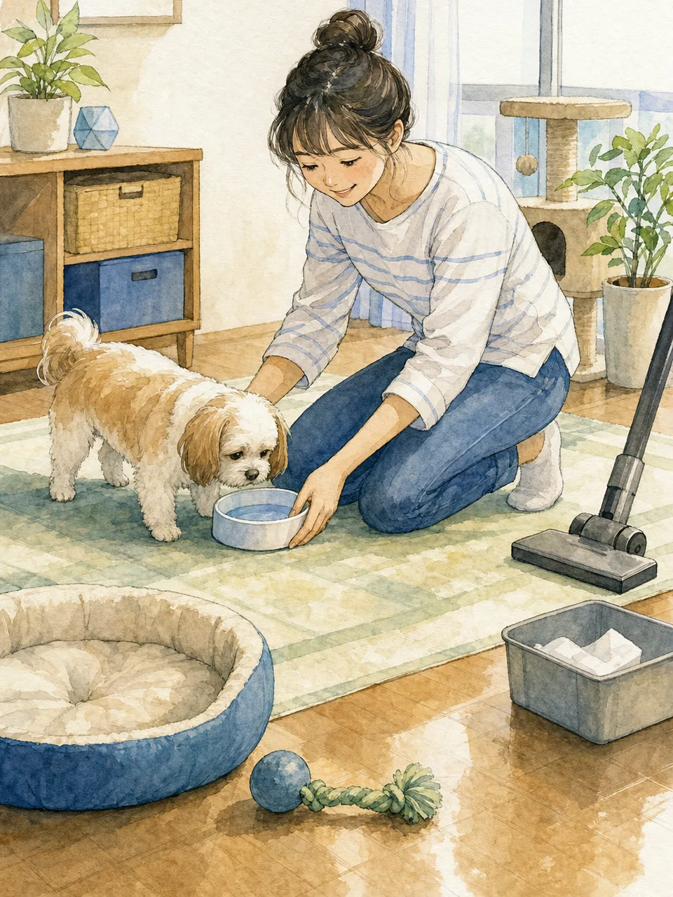 集合住宅でペットと暮らす日本人（手描き水彩）。集合住宅のペットケア、マンションでのペット習慣、ペットとの暮らし、マンションの記事や案内に使える商用素材です。