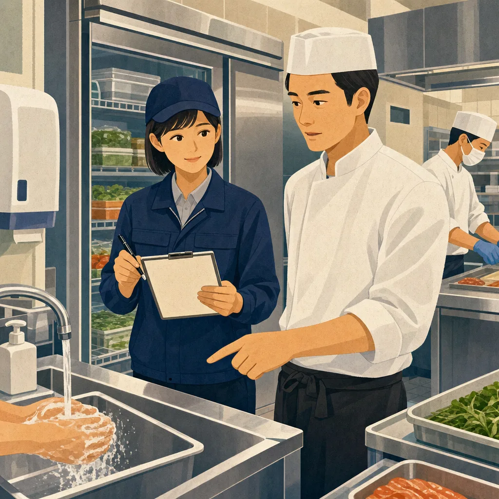 食品衛生を確認する日本人監視員（編集記事向け）。食品衛生監視員、食品衛生、厨房点検、保健所の記事や案内に使える商用素材です。