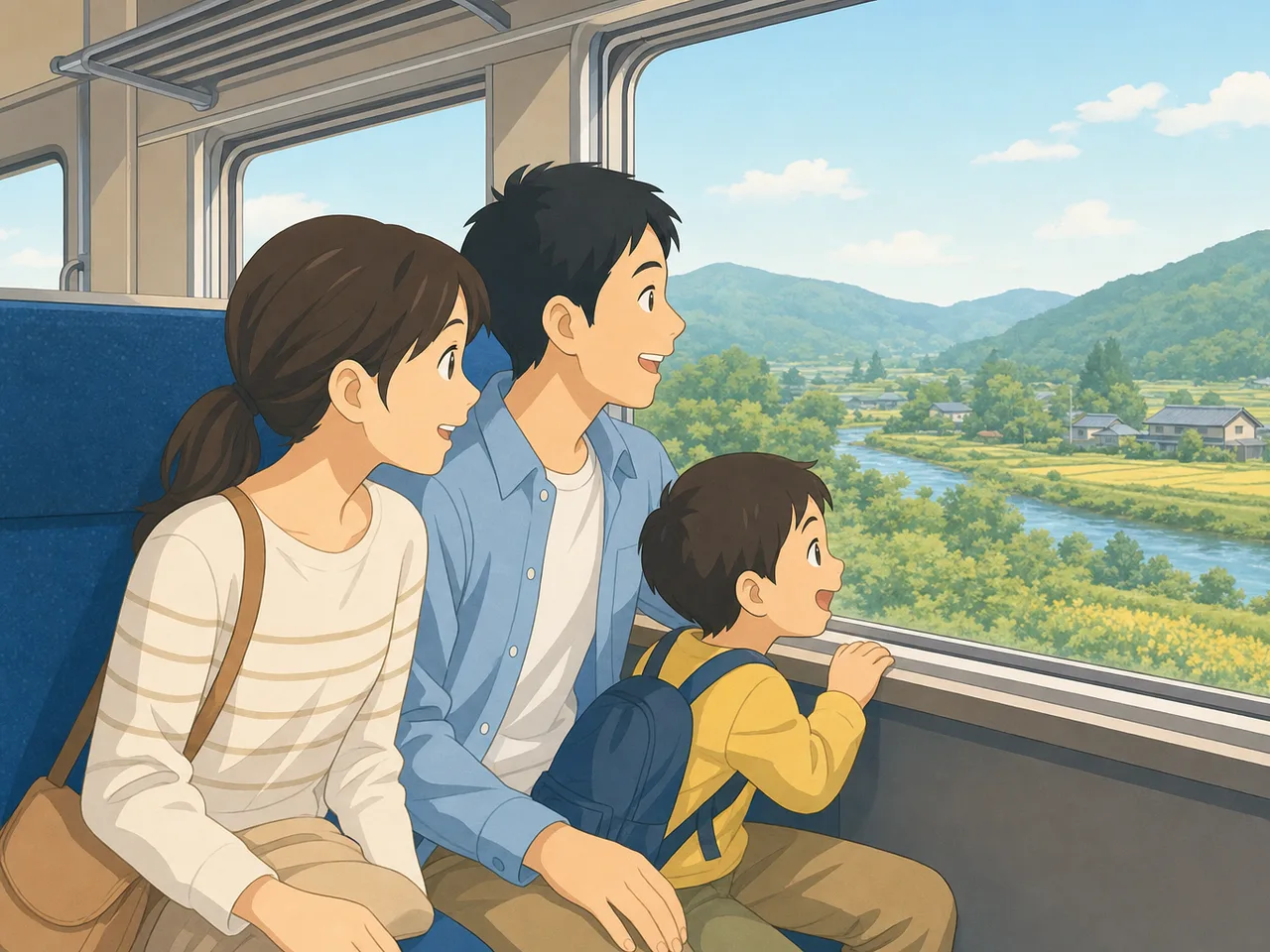 家族で出かけるローカル線の旅（フラットイラスト）。国内旅行、地域観光、親子のお出かけ記事に使える、日本の鉄道旅行素材です。