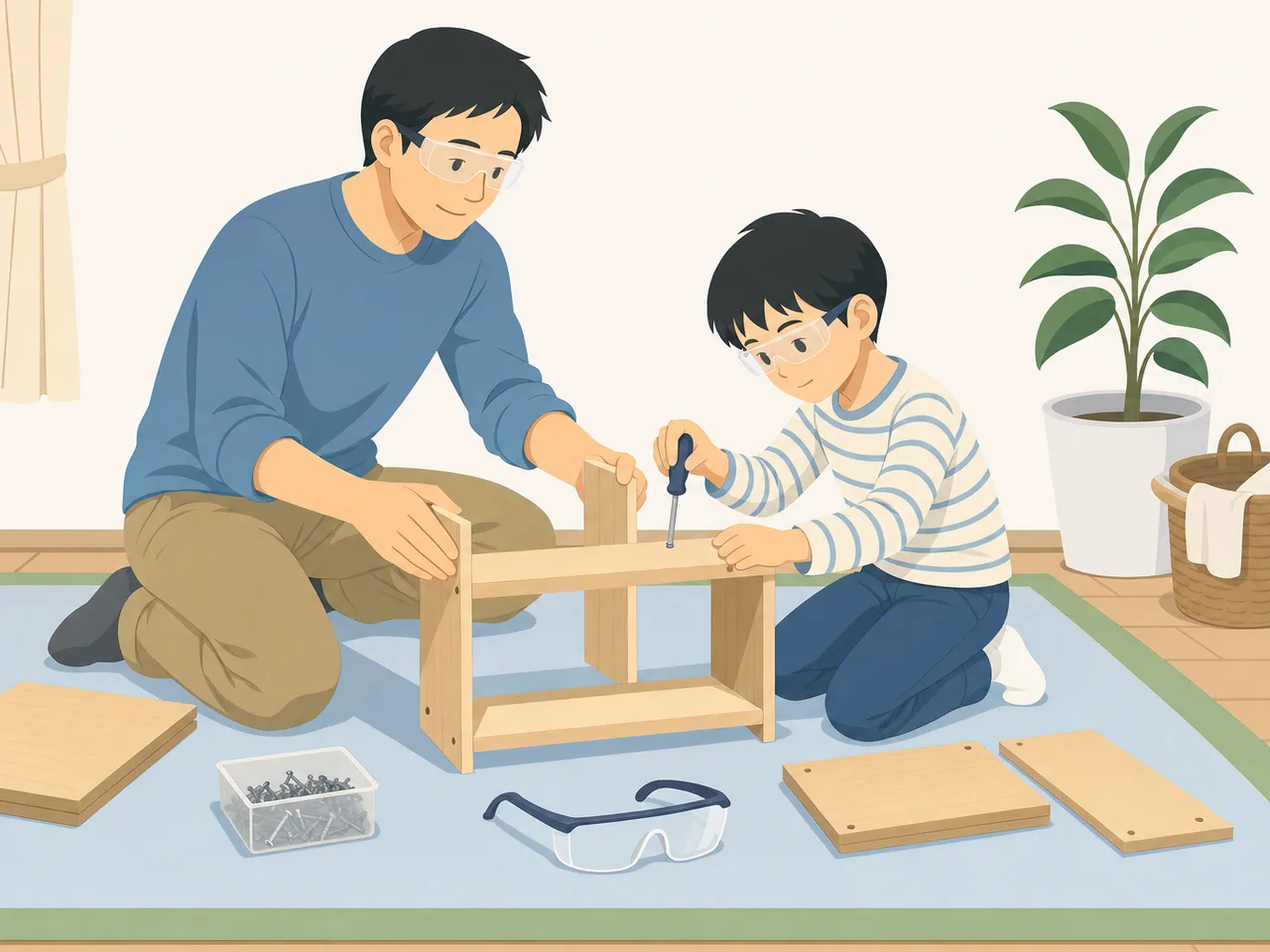DIYに取り組む日本人の父と息子（フラットイラスト）。父と息子、DIY、親子、ものづくりの記事向け素材です。
