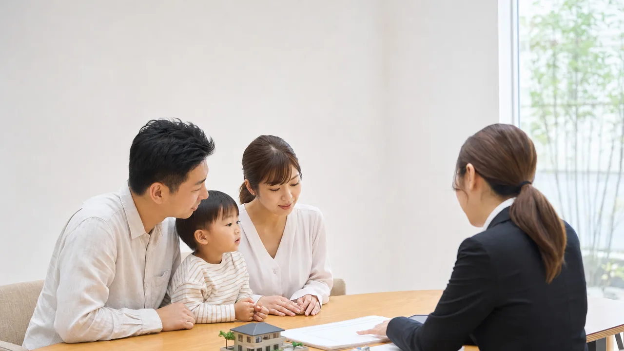 住宅ローンを相談する日本人家族（横長・コピースペース）。住宅購入、金融、家計相談、不動産サービスに使える相談場面です。