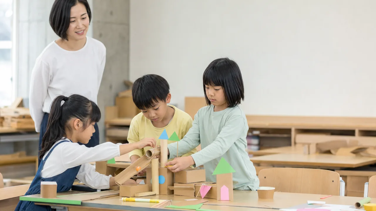 試作品を作る日本人小学生（横長・コピースペース）。試作品づくり、デザイン思考、小学生、工作授業の記事や案内に使える商用素材です。