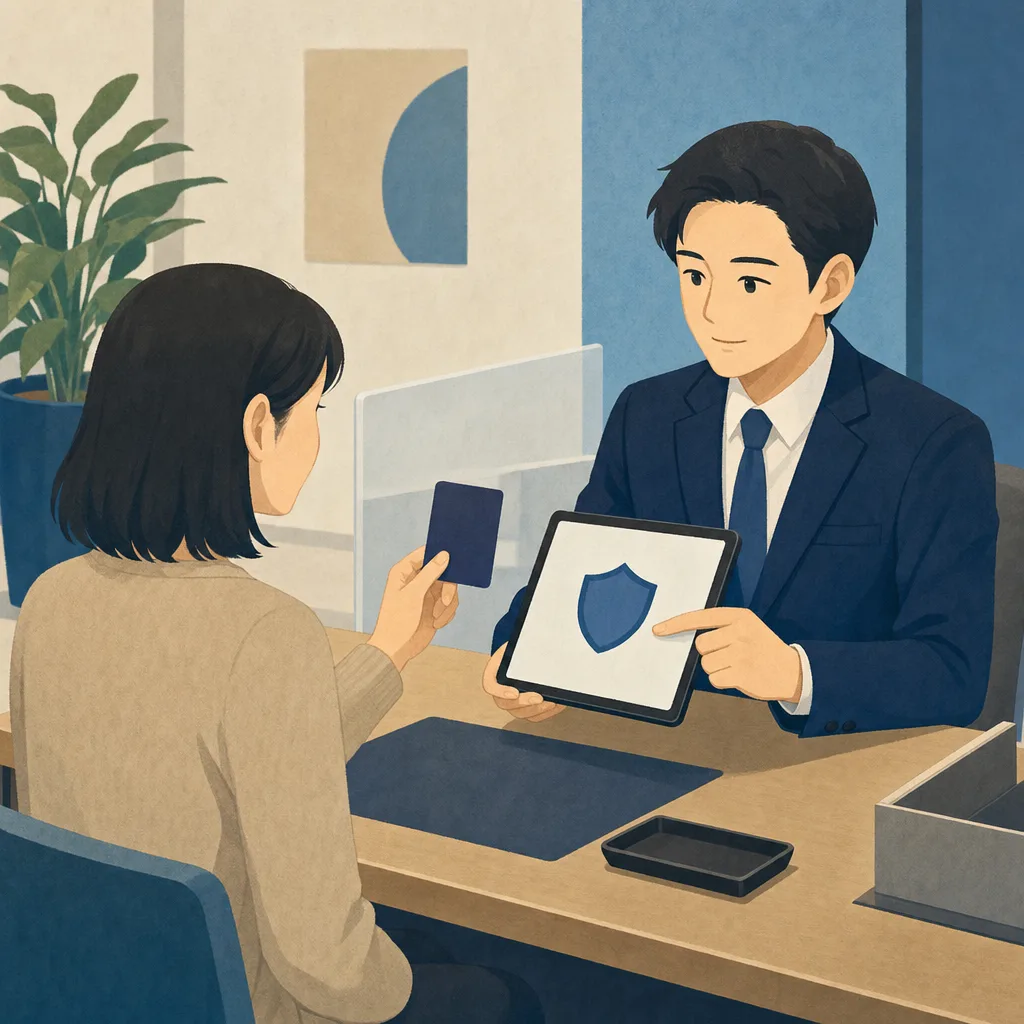 銀行で本人確認を受ける日本人（編集記事向け）。銀行窓口の本人確認、口座手続きのKYC、本人確認、銀行手続きの記事や案内に使える商用素材です。
